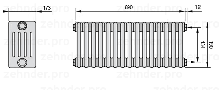Схема (чертеж) Радиатор Zehnder Charleston 5019/15 №7610 Белый глянцевый RAL 9016